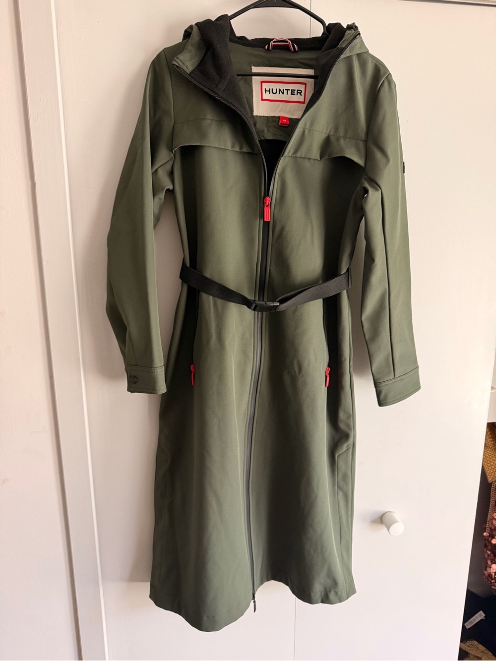 Hunter Olive Green Waterproof Hooded Trench with Red Zipper Accents